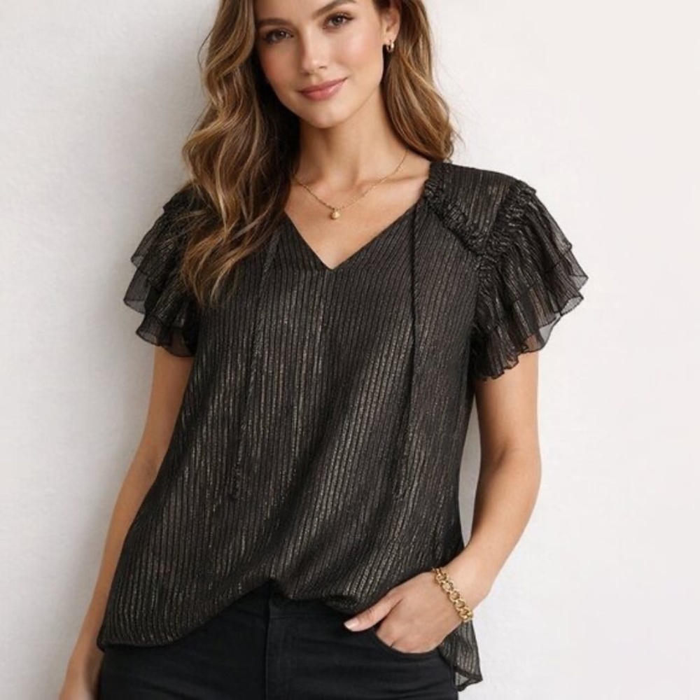 Ann Taylor Metallic Striped Gold and Black color Ruffle Blouse size L